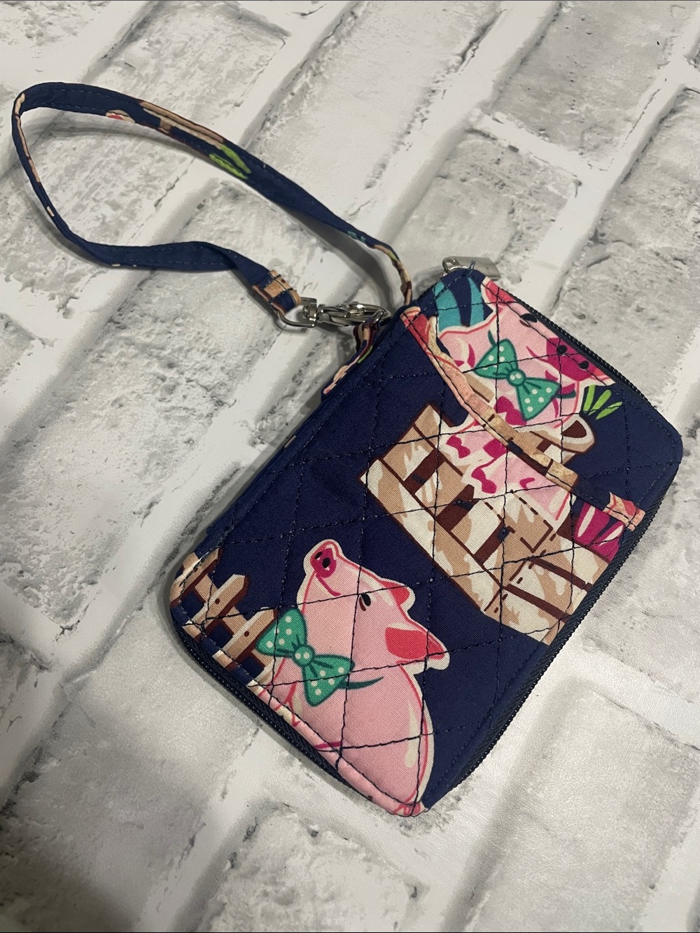 Quilted Navy Wristlet Pouch with Pink Pig Pattern. Preowned.